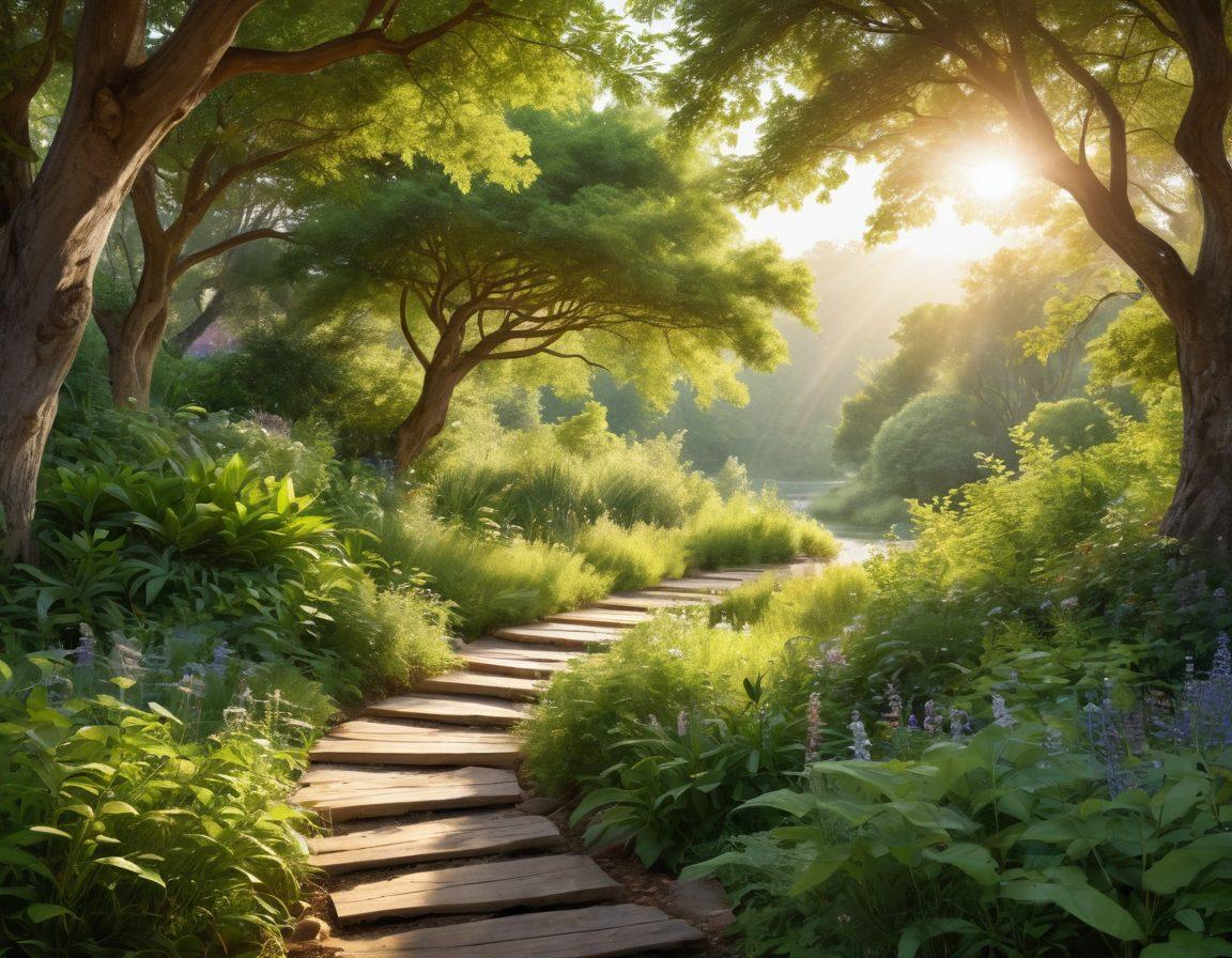 A serene landscape depicting a tranquil path winding through lush greenery, symbolizing the journey to holistic health. Include a diverse group of people engaging in mindful activities like yoga and meditation along the path. Elements like herbal plants and natural remedies subtly illustrated around the scene to highlight holistic resources. Soft, warm sunlight filtering through the trees, creating a calming atmosphere. vibrant colors. super-realistic.