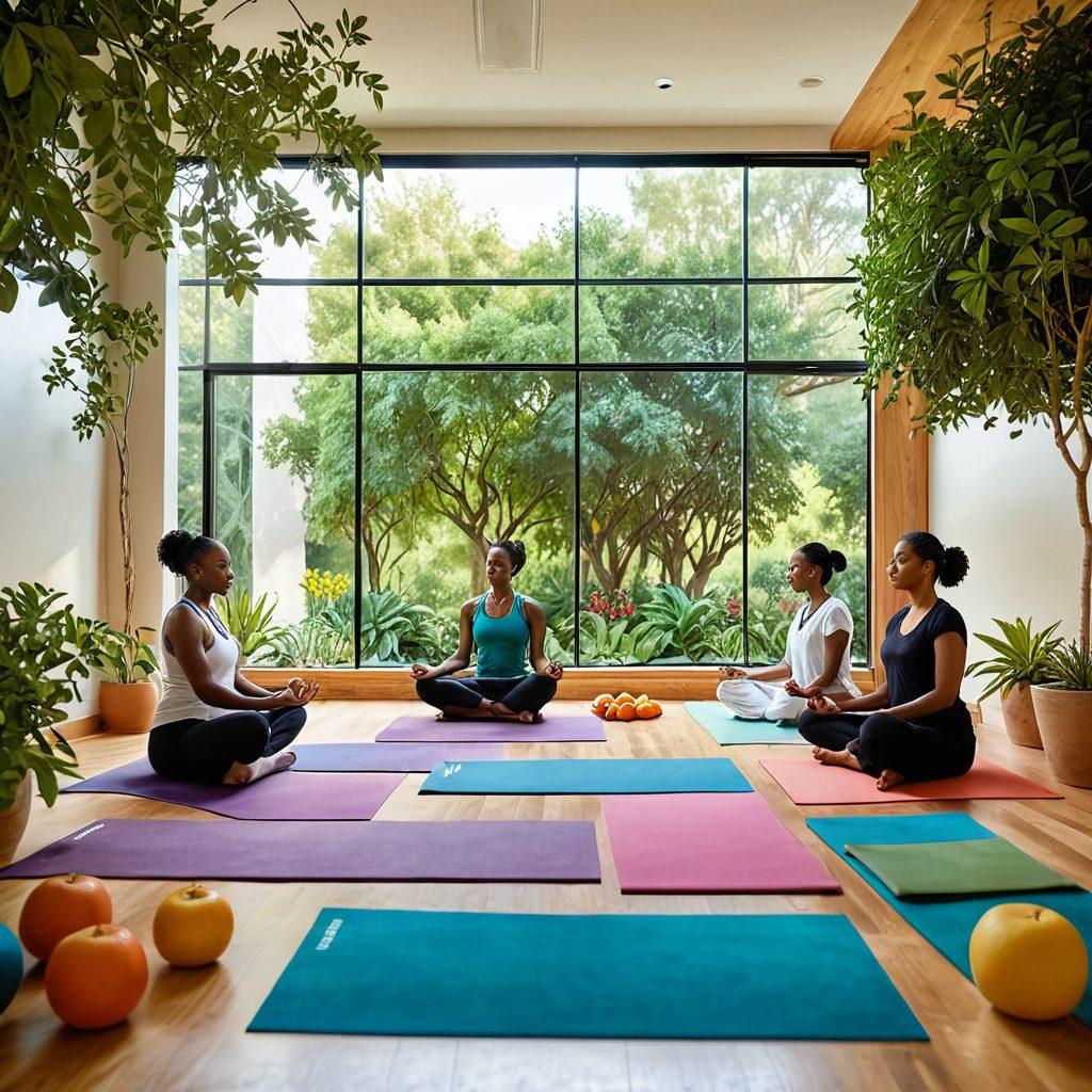 A serene wellness scene featuring a diverse group of healthcare professionals engaged in discussion, surrounded by symbols of healthy living like fruits, yoga mats, and medical books. Soft natural lighting illuminates their interactions, enhancing a sense of community and knowledge sharing. The background features a calming landscape with trees and gentle hills, representing balance and tranquility. super-realistic. vibrant colors.