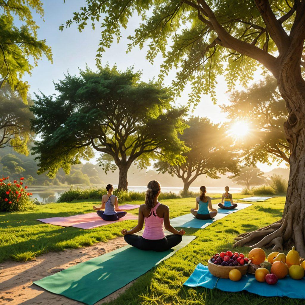 A peaceful scene of a serene sunrise over a lush green landscape, with diverse individuals engaged in various healthy activities, such as yoga, jogging, and meditating. Include elements like fresh fruits, water bottles, and motivational quotes in an inviting font. This vibrant and uplifting image represents overall well-being and vitality. super-realistic. vibrant colors. bright and airy.